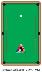 Pool table with balls and cue. Pool billiards and pool balls,  billiard table and snooker table, game room snooker, sport game pool, hobby and leisure play. Vector flat design illustration