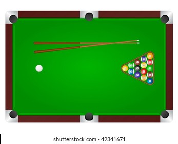 Pool table with balls and cue. Vector illustration.