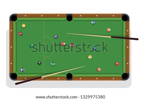 Pool table, billiard stick and billiard balls for game. Pool table with colorful balls and cua top view