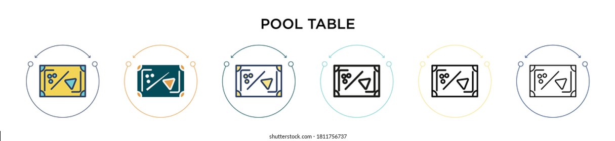 Pool table icon in filled, thin line, outline and stroke style. Vector illustration of two colored and black pool table vector icons designs can be used for mobile, ui, web