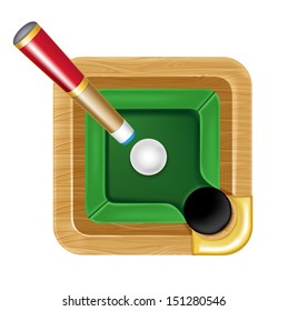 pool table icon with white ball and cue isolated 