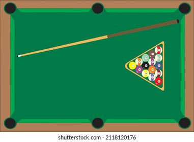 Pool Table Top View with Pool Cue and Balls Sport Game Concept Art Background Vector Illustration Isolated on White