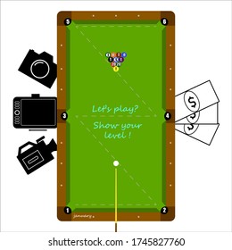 Pool table top view, game of ten balls. The concept of promotion by the levels of content creators.