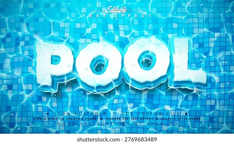 Pool Text Effect Design Editable Vector Graphic Style Effect with Wave Water and Typography Lettering on Blue Swimming Pool Tiles Background. Premium Scalable Mockup Illustration Template for Banner, Greeting Card, Flyer, Celebration Poster or Party Invitation