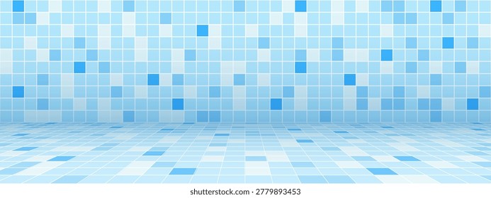 Pool tile mosaic pattern on the walls and floor. Perspective of bathroom, toilet room or swimming pool for interior or product designs. Light blue ceramic surface. Square pixel vector illustration