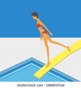 Pool, tiled floor - woman is jumping from the springboard into the water - vector. Water sports.