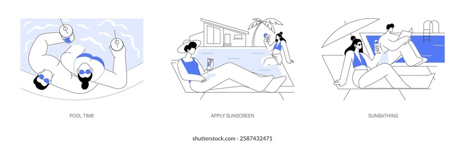 Pool time isolated cartoon vector illustrations set. Happy couple relaxing near swimming pool, apply sunscreen, UV protection, sunbathing together, luxury resort, summer holidays vector cartoon.