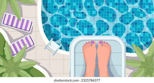 Pool top view with legs of girl on springboard vector illustration. Cartoon woman swimmer standing on poolside board to jump and swim in blue water, selfie on summer beach pool party poolside