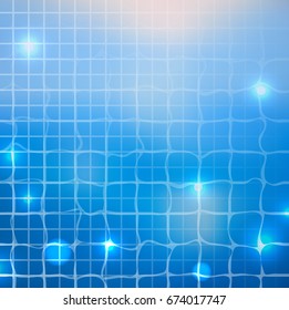Pool top view with shiny water surface background. Summertime vacation party template. Vector illustration