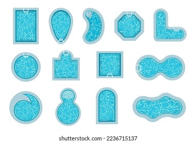 Pool top view. Swimming area for suburban luxury house exterior different shapes of water pool exact vector illustrations set