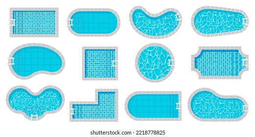 Pool top view. Swimming pools different shapes cartoon style, luxury exterior poolside with water texture tile, summer vacation swim area. Vector isolated set. Outdoor vacation elements