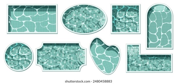 Pool top view. Swimming pools different shapes cartoon style, exterior poolside with water texture tile, summer vacation swim area