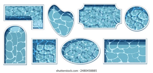 Pool top view. Swimming pools different shapes cartoon style, exterior poolside with water texture tile, summer vacation swim area