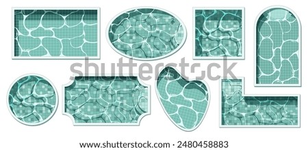 Pool top view. Swimming pools different shapes cartoon style, exterior poolside with water texture tile, summer vacation swim area