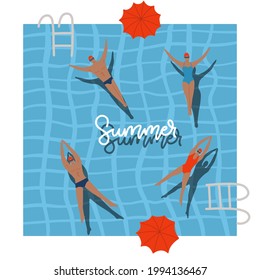 Pool Top view with umbrellas, summer holidays banner. People swimming, relax, have a fun time in swimming pool. Vector flat illustration with lettering text. Summer time poster. Young men and women