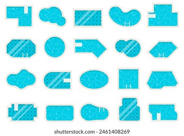 Pool top view. Water texture. Swimming pools different shapes,  summer vacation. Vector set. Summer vacation elements