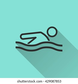 Pool vector icon with long shadow. Black illustration isolated on green background for graphic and web design.