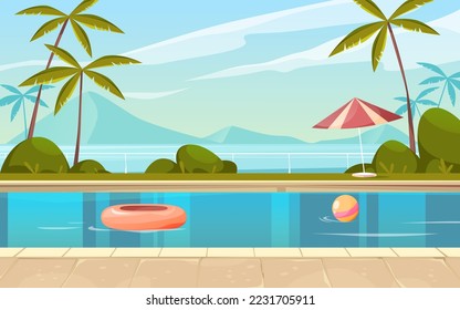 Pool view or poolside scenery, vector banner