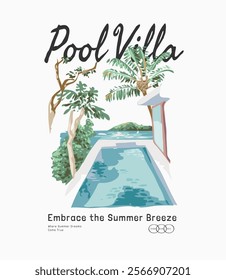 pool villa slogan with swimming pool on beach background vector illustration