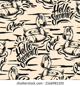 Pool vintage monochrome pattern seamless inflatable flamingo for swimming in sea water or hotel pool in summer weather vector illustration
