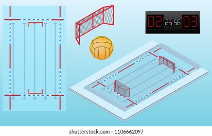 Pool for water polo isometric image,  ball, nets, and scoreboard. Water polo pool top view. Isolated. In vector