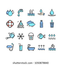 Pool and Water Signs Color Thin Line Icon Set Include of Ocean, Bottle, Droplet and Tap. Vector illustration of Icons