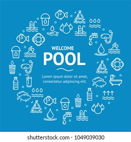 Pool and Water Signs Round Design Template White Thin Line Icon Graphic Concept Include of Nature Aqua. Vector illustration