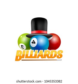 Poolroom billiards game logo icon. Billiards club template emblem design.