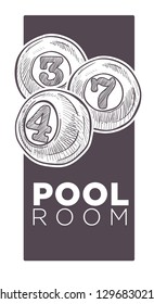 Poolroom logo monochrome sketch outline vector. Sport game, tournament and entertainment. Royal kind of gambling, billiard play with balls and cue, hobby and mens leisure
