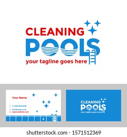 Pools Logo Concept, Swimming Pool Cleaning Service And Business Card Template. Clever Typography Logo Design Vector