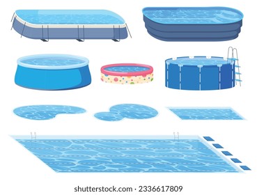 Pools of various shapes and types. Portable and stationary pools. Water tanks for swimming in them. Vector illustration