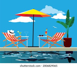 Poolside area with two striped cabana folding chairs, side tables with cocktails and an umbrella, EPS 8 vector illustration, no transparencies