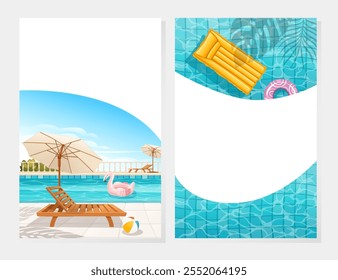 Poolside background with lounge chair, umbrella, and inflatable flamingo. Greetings card design, vertical web or advertisement banner. Vector illustration.