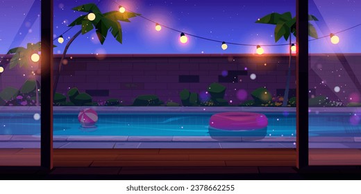 Poolside in backyard with inflatable ring and ball on water, palm trees and brick fence, garlands with light bulbs under wooden patio. Cartoon evening or night panorama of swimming pool in courtyard.