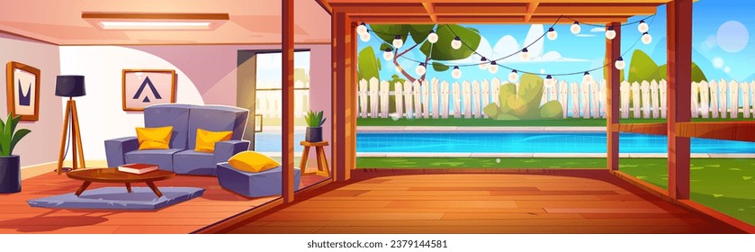 Piscina en el patio trasero con patio y valla de madera, y sala de estar con sofá. Escenario de una casa vectorial con terraza para relajarse, piscina en el patio y zona de salón.