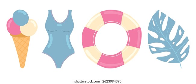 Charme à beira da piscina com trajes de banho, boias salva-vidas, folhas tropicais e sorvete, perfeito para a decoração aquática de verão, estilo de vida resort e cenas de férias ensolaradas.