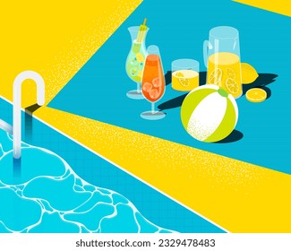 Poolside chilling with ice drinks and beach ball. Vacation beach