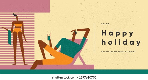 Poolside couple. People on vacation. Summer vacation, travel and vacation by the sea.  Vector illustration in flat cartoon style.