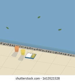 poolside food and drinks. swimming pool. the water is blue. noodles. vector illustration