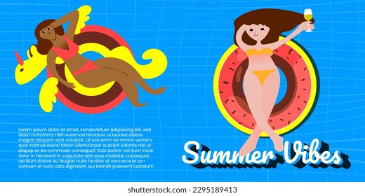 Paraíso junto a la piscina, un vector de mano retro ilustrado de una bella mujer tomando el sol en un colorido piso inflable de un donut en una piscina azul con amigos, perfecto para vacaciones de verano y fiestas en la piscina