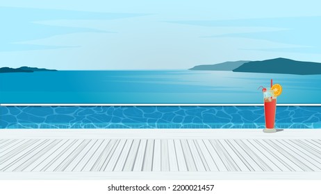 Poolside red cocktail served cold at pool bar. Vector Illustration