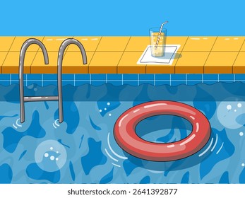 Poolside relaxation: pool, water texture, swimming ring, refreshing summer drink, vibrant hand-drawn illustration. For concepts summer or pool party, vacation, water leisure, swimming, relaxation