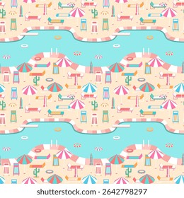 Poolside vacation scene seamless pattern. Large pool with diving board, swim rings, colorful parasols, lounge chairs, striped retro deck chairs. Modern fun summer repeat design. Relaxation, leisure