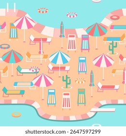 Poolside vacation scene seamless pattern. Large pool with diving board, swim rings, colorful parasols, lounge chairs, striped retro deck chairs. Modern fun summer repeat design. Relaxation, leisure