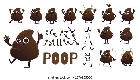 Poop cartoon character creation set with different emotions, body parts and gestures isolated on white background. Diy kit of shit emoji and smileys vector illustration.