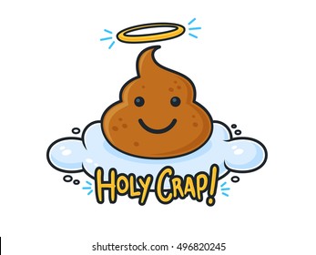 Poop Cartoon Character On Cloud In Heaven With Holy Crap Text Vector Illustration