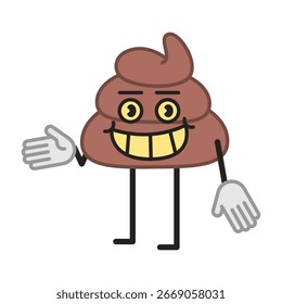Carácter de la caca de media vuelta señala la mano y sonriendo. Ilustración vectorial