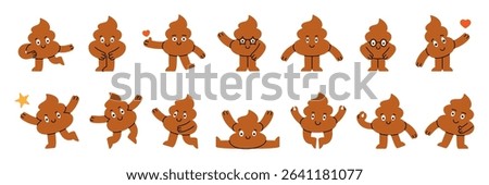 Poop characters. Funny poop mascots. Different poses and expressions. Various doodle poops sticker pack design. Vector illustration.