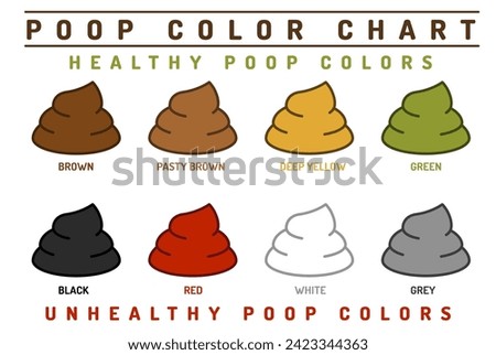 Poop color chart. Human stool. Healthy and unhealthy colors. Medical infographic. Horizontal poster, banner, print. Editable isolated vector illustration in outline style on a white background
