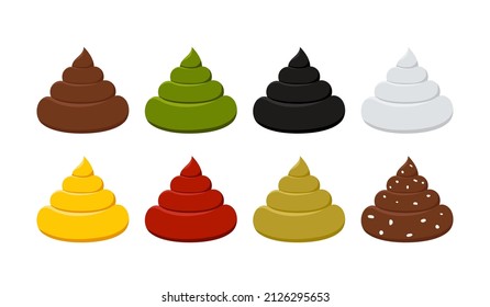 Poop Color Shades Excrement Stool Cartoon Icon Set Isolated On White Background. Normal Brown Heap Of Shit And Abnormal Green, Black Faeces. Flat Design Vector Clip Art Baby Or Dog Poo Illustration.